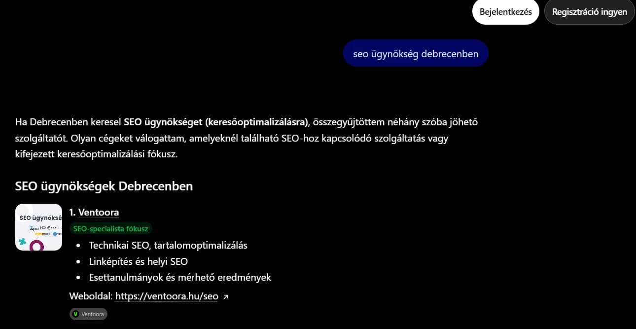 A ChatGPT válasza a „seo ügynökség debrecenben” kérdésre, első helyen a Ventoora